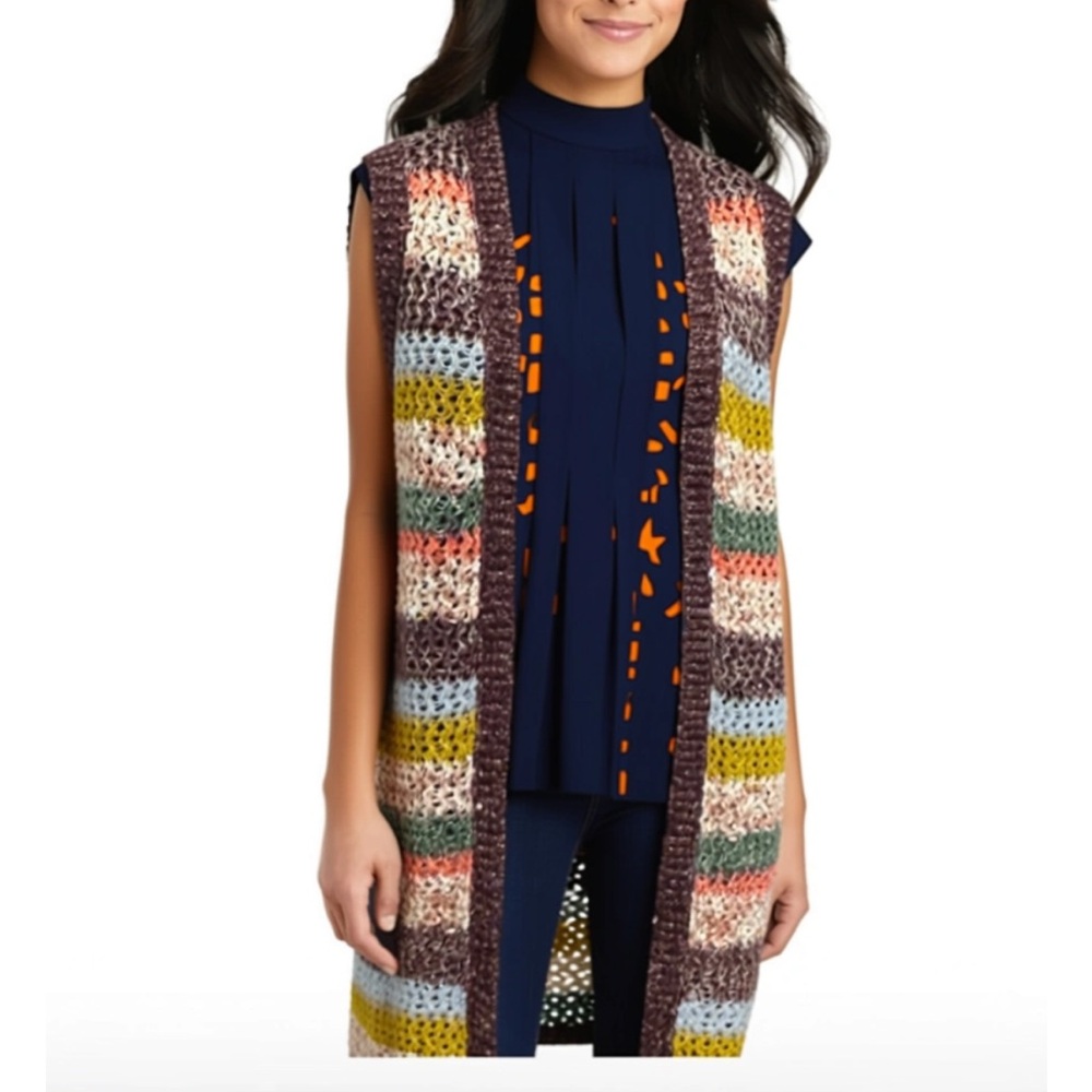 C EST 1946 Crochet Knit Striped Long Cardigan Sweater  XS Sleeveless Open 126
